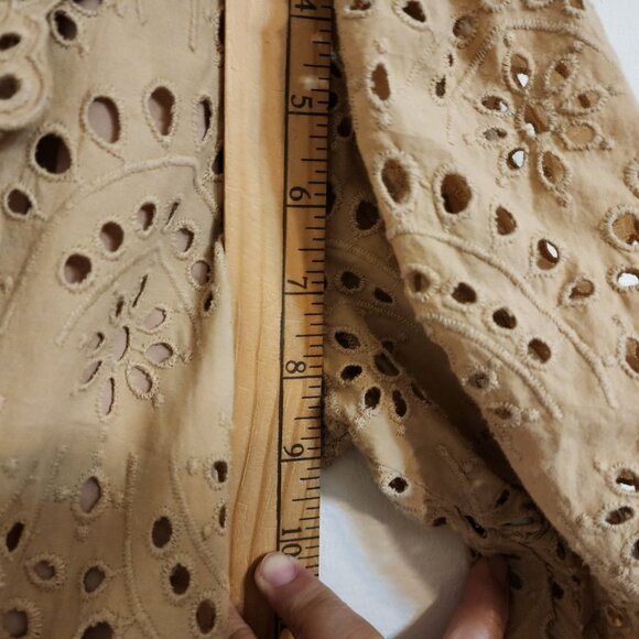 By Flow Mini Dress Eyelet Embroidered Lace Beige V Neck Zip Ruffle Feminine Edgy - Picture 14 of 15